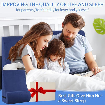 Reading Pillow for Bed Adult, Memory Foam Wedge Pillow Headboard with Adjustable Lumbar Support Backrest Cushion for Sitting in Bed/Resting/Bedrest, Couch or Floor, Blue