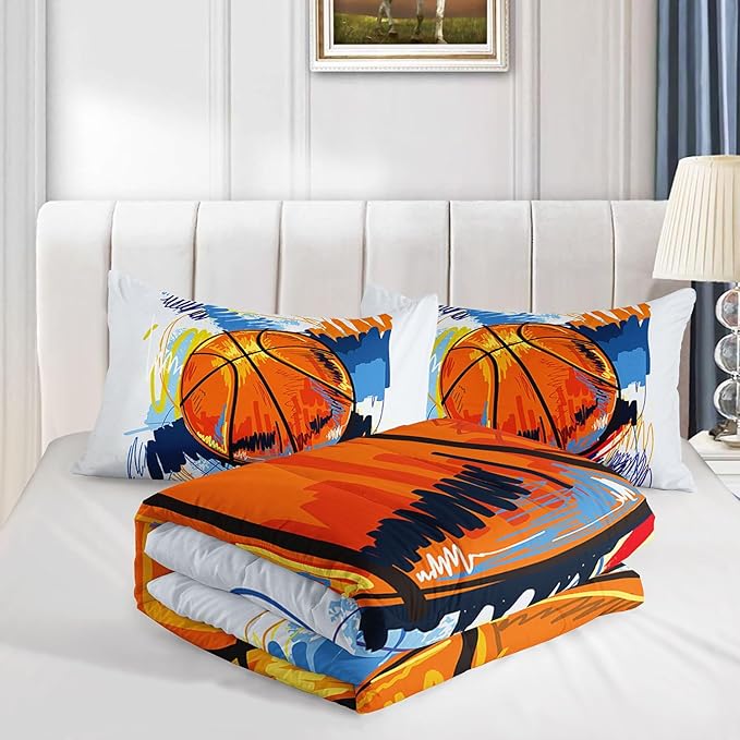 Basketball Comforter Set Hand Drawn Basketball Sports Comforter Sets Quilt with 1 Comforter and 2 Pillowcases for Kids Boys Girls Bedroom All Season（Basketball-3 Queen）