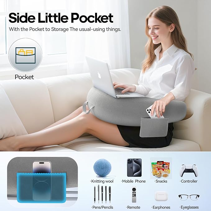 Crochet & Reading Pillow for Lap Support, Gaming Lap Desk Pillow, Sitting on The Bed/Sofa/Floor for Knitting, Large & Ergonomic Arm Rest Support, Pet Bed for Ipad/Laptop/Kindle - Grey