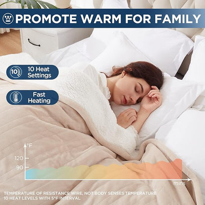 Westinghouse Electric Blanket King, Heated Blanket King Size with 10 Heating Levels and 1 to 12 Hours Heating Time Settings, Flannel to Sherpa Reversible, Machine Washable (90" x 100", Beige)