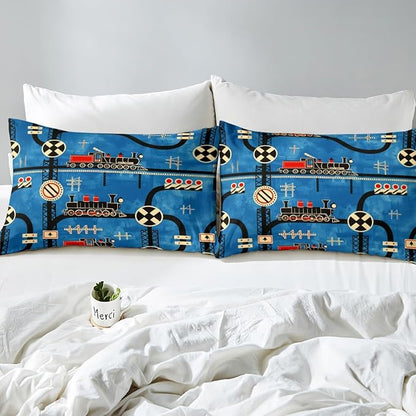 Erosebridal Cartoon Train Bedding Sets King for Toddler Kids Boys Vintage Steam Engine Comforter, Travel Railway Track Transportation Bedding Construction Traffic Signs Retro Car Decor Quilt
