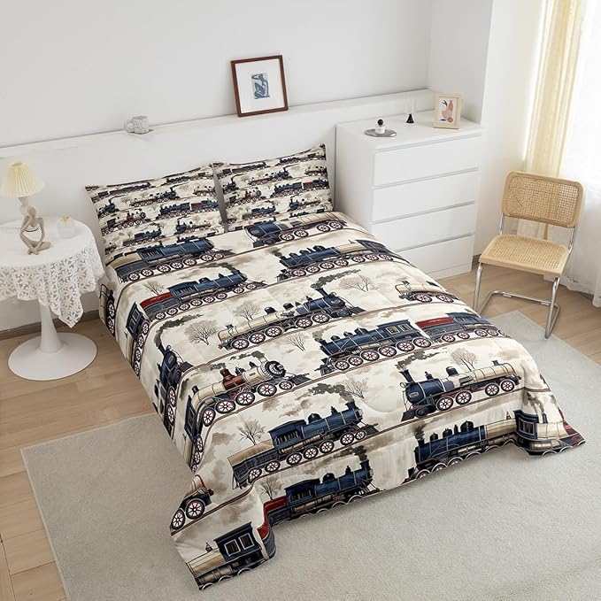 Erosebridal Kids Vintage Steam Train Bedding Sets for Car Lovers, Boys Retro Classic Steam Engine Vehicles Comforter Timeless Railroad Locomotive Duvet Set with 2 Pillow Cases (Full 3Pcs)