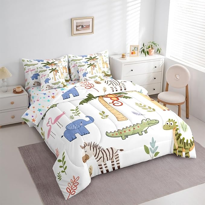 Feelyou Kids Zoo Animals 7 Piece Bedding Set Cute Giraffe Monkey Elephant Comforter Set with Sheets for Kids Boys Girls Plants Printed Bed in a Bag Animal Theme Bed Set Soft Lightweight