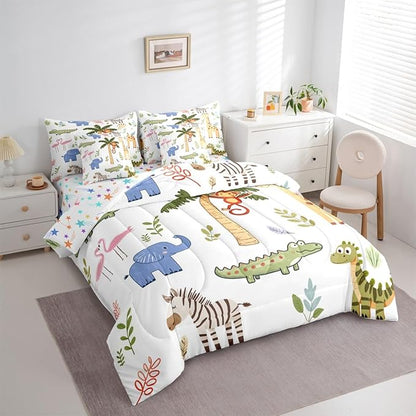 Feelyou Kids Zoo Animals 7 Piece Bedding Set Cute Giraffe Monkey Elephant Comforter Set with Sheets for Kids Boys Girls Plants Printed Bed in a Bag Animal Theme Bed Set Soft Lightweight