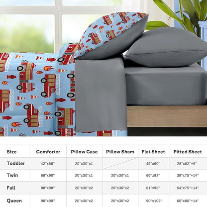 Nesker 7 Pcs Comforter Set Full Size, Red Fire Engine Bedding for Kids Teen, Fire-Fighting Trucks Vehicle with Fitted Sheet 2 Pillowcases & 2 Shams for Bedroom Bed Decor