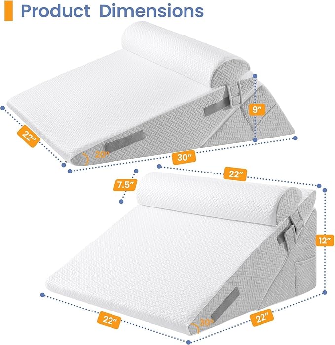 Sasttie Wedge Pillow Set for After Surgery, 2PCS Adjustable Bed Wedge Pillow Headboard with Memory Foam Neck Cushion – for Acid Reflux, Sleeping, Neck & Back Support, Light Grey & White