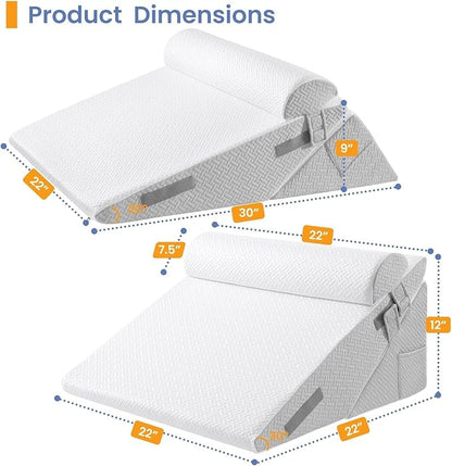 Sasttie Wedge Pillow Set for After Surgery, 2PCS Adjustable Bed Wedge Pillow Headboard with Memory Foam Neck Cushion – for Acid Reflux, Sleeping, Neck & Back Support, Light Grey & White