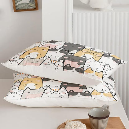 QOOMO Kawaii Cat Comforter Twin Size,Cats Bedding Set for Kids Teens Girls Boys,3Pcs Bedding Set Printed Comforter with 2 Pillowcases,Down Alternative,Soft and Lightweight，Twin Size