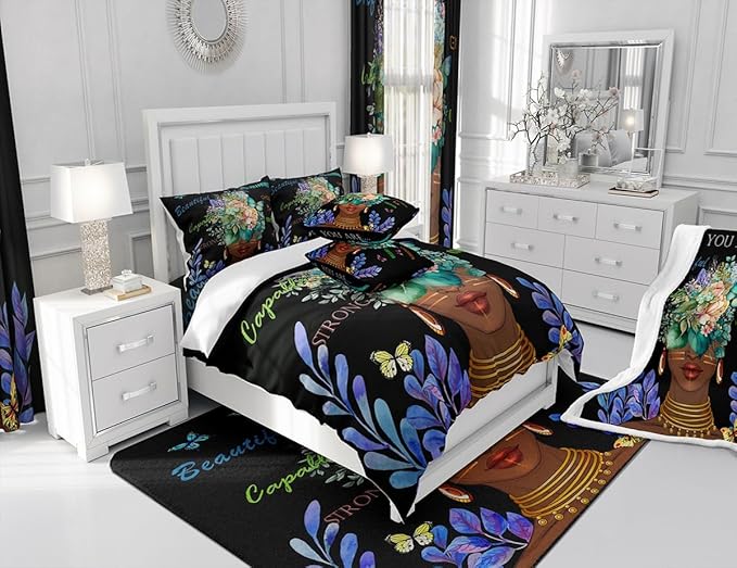 Girl African Duvet Cover Set Twin Size,African Style American Inspirational Quotes Bedding Set Kids Girls Women Room Decor Watercolor Flowers Butterfly Comforter Cover Black Fashion Quilt Cover 2Pcs