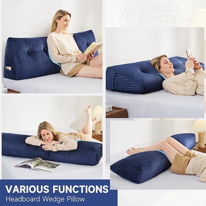 Z-hom Twin Headboard Pillow, Triangular Wedge Reading Pillow for Bed or Sofa, Ergonomic Backrest Cushion for Sitting Up, Reading or Relaxing, with Side Pocket，Removable Washable Cover,Blue