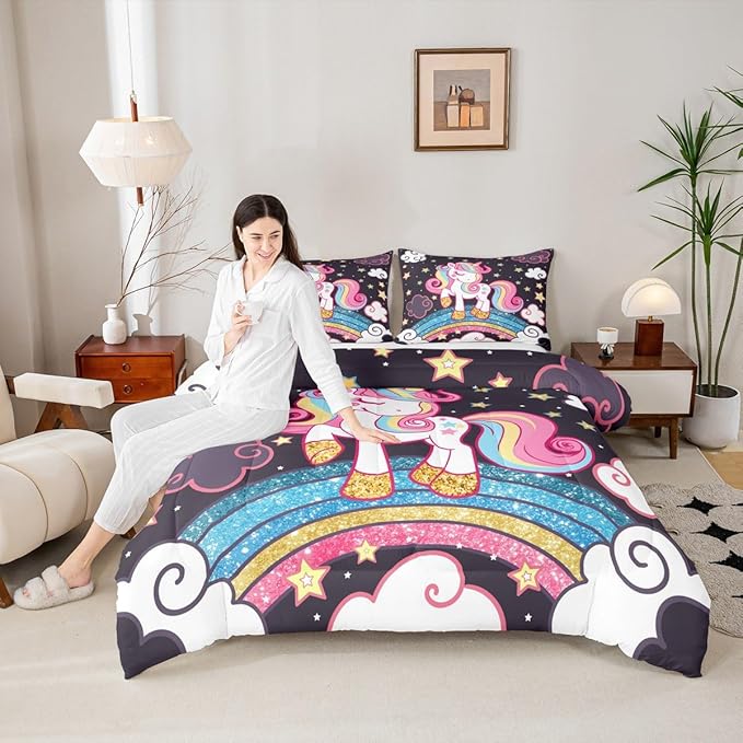Feelyou Unicorn Bedding Toddler,Star Print Rainbow Kids Comforter Sets for Girls Comforter Set,Cute Animal Bedding Cute Unicorn Duvet Quilt,Fairy Bedroom Decor