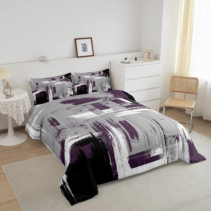 Feelyou Abstract Bedding Set Kids Modern Abstract Art Comforter Set Purple Grey Black Comforter for Boys Room Decor Lightweight Retro Duvet Set Toddler Size with 1 Pillow Case