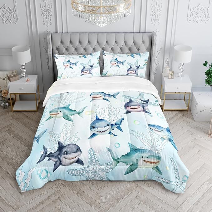 Boys Blue Ocean Shark Comforter Set Twin Size Shark Starfish Bedding Sets Seaweed Quilt Bed Set for Kid Girls with 1 Comforter and 2 Pillowcases