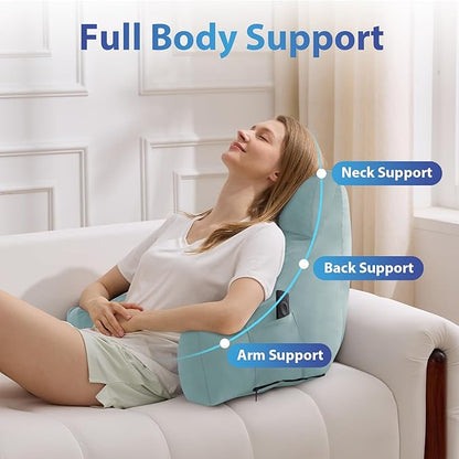 Reading Pillow with Arms For Adult, Back Pillow for Bed Sitting Up, Shredded Memory Foam Backrest Pillow with Pockets & Removable Washable Cover, Lounging, Watching TV, Reading(20in Lake Blue)