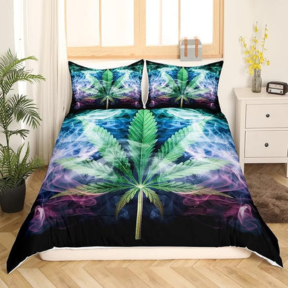 Castle Fairy Marijuana Leaf Bedding Set King Size,Purple Blue Smoky Duvet Cover for Teens Adults Bedroom,Chic Cannabis Leaves 3 Pieces Decorative Bedding,Rustic Botanical Comforter Cover,No Comforter