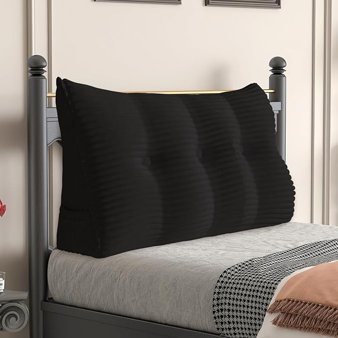 Daneey Headboard Pillow Twin, Triangular Wedge Headboard Pillow with Soft Corduroy Fabric, Wedge Bed Backrest Pillow for Sitting Up, Reading or Working, Long Bolster Pillow with Removable Cover, Black