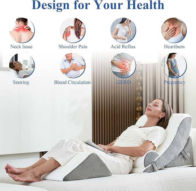 4PCS Orthopedic Bed Wedge Pillow Set, Post Surgery 45D Memory Foam for Back, Neck, and Leg Pain Relief Pleasing & Adjustable Support Pillows-Ease Acid Reflux & GRED with Better Sleep,White Light Grey
