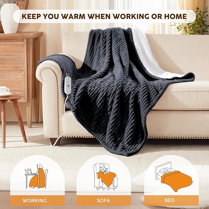 HYLEORY Heated Blanket Electric Throw, Soft Flannel Sherpa Heater 5 Heat Settings and 3 Hours Auto Shut-Off Heating Blanket ETL Certification Over-Heat Protection Machine Washable,Deep Grey