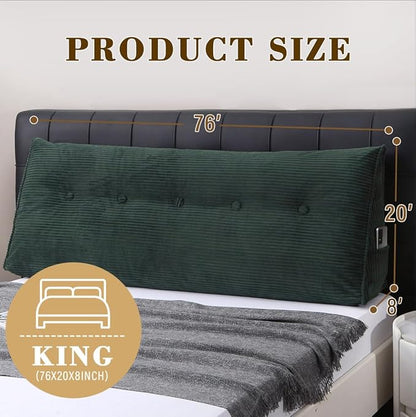 Wedge Headboard Pillow for Bed, King Dorm Headboard Support for Sitting Up Reading, Relaxing, Removable Washable Corduroy Cover, Polyester and Shredded Foam Filling, Green