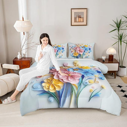 Erosebridal Vintage Floral Queen Comforter Set,Pink and Blue Flower Bedding Sets for Girls Women Kids,Boho Flowers Wildflower Bed Set,Country Cottage Core Room Decor with 2 Pillowcases,Ultra Soft