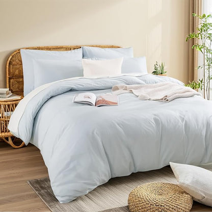 NEXHOME PRO Duvet Cover Set 100% Washed Cotton Kids Twin XL 66"x92", Organic Natural Linen Like Textured 2 Pieces Bedding Set Baby Blue with Zipper Closure & Corner Ties, Breathable(No Comforter)