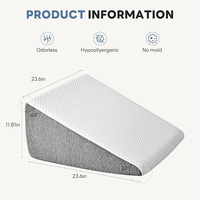 Wedge Pillow for Sleep Apnea, 12" Triangle Pillows Memory Foam Acid Reflux Pillow, Anti Snore Wedges for Sleeping with Washable Breathable Cover, Grey and White