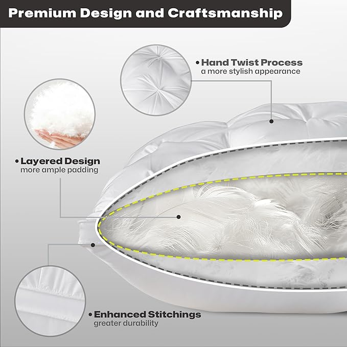 ZUBISU Luxury Hotel Quality Goose Feathers & Down Pillow,800 Fill Power King Size Bed Pillow 1 Pack,Soft Bed Pillow with Breathable Cover,Pack of 1 (King, White)