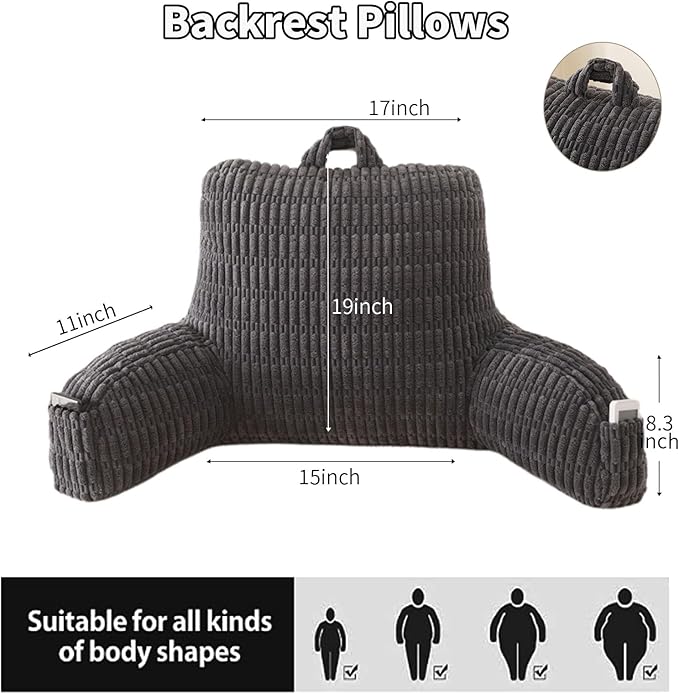 Reading Pillow for Sitting in Bed, Large Backrest Reading Pillow with Arm Rest,Back-Rest Support Cushion for Sit Up on Couch, Sofa, and Floor, Dorm Essentials (Grey Corduroy, Large(19"))