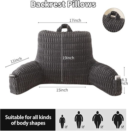 Reading Pillow for Sitting in Bed, Large Backrest Reading Pillow with Arm Rest,Back-Rest Support Cushion for Sit Up on Couch, Sofa, and Floor, Dorm Essentials (Grey Corduroy, Large(19"))