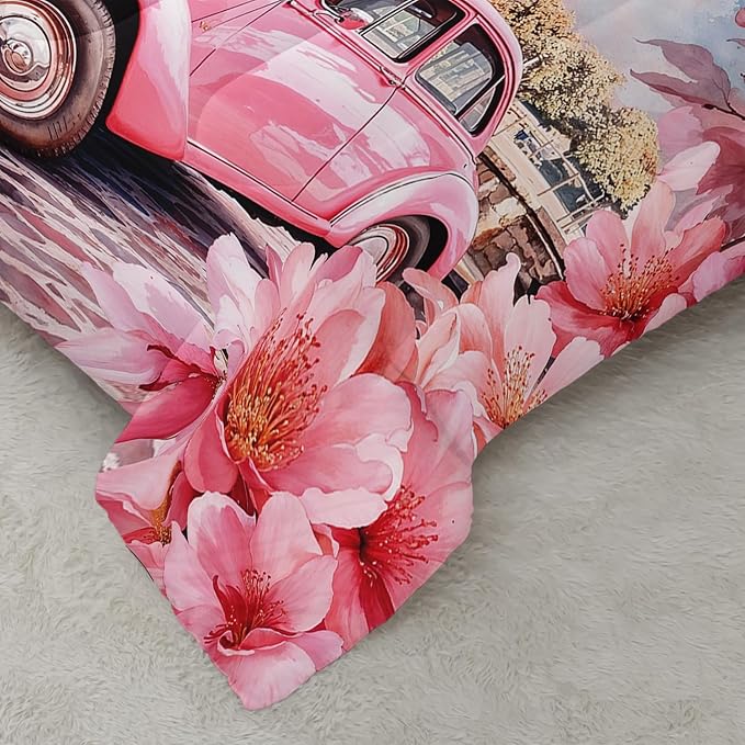 France Paris Eiffel Tower Comforter 3Pcs Full Pink Car Peach Blossom Bedding Set for Kid Teen Girl Boy Adult Aesthetic Cherry Flowers Floral Quilt Bed Decor with 1 Comforter and 2 Pillowcases