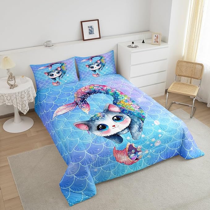 Rainbow Cartoon Cat Bed Sheet Set Colorful Mermaid Comforter Set for Kids Boys Teens Room Decor Blue Mermaid Scales Bedding Set Set Ocean Gradient Style Bed Cover 2Pcs Twin Size With 1 Pillow Case