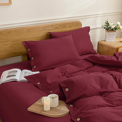 JELLYMONI Cotton Duvet Cover King Size - Burgundy Comforter Cover with Button 100% Washed Cotton 3PCS Breathable Soft Solid Bedding Set Duvet Cover 104×90in & 2 Pillowcases (NO Comforter)