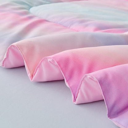 Wajade Girls Pink Comforter Set Bed in A Bag Full Size 7 Piece 3D Colorful Tie Dye Pink Rainbow Bedding Set for Teens Girls (1 Comforter, 1 Flat Sheet, 1 Fitted Sheet, 2 Pillowcase and 2 Pillow Sham)