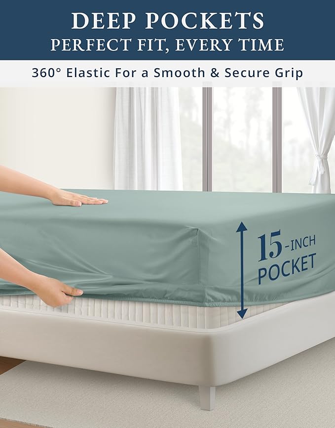 LANE LINEN 100% Egyptian Cotton Queen Sheet Set,15 inch Deep Pocket Fully Elasticized French Reinforced Pocket Seams for Soft, Comfy & Fresh Bed Eco Friendly Cooling Sheets Queen - Jadeite