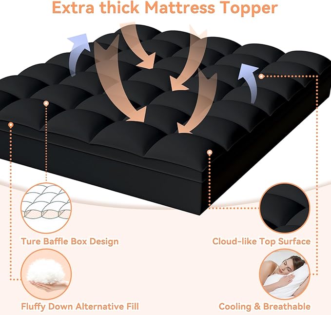 Topllen Twin XL Mattress Topper for Back Pain Relief, Extra Thick Pillow Top Plush Mattress Pad with Deep Pocket, Soft Pillowtop TwinXL Size Bed Toppers Filled Fluffy, College Dorm, Black