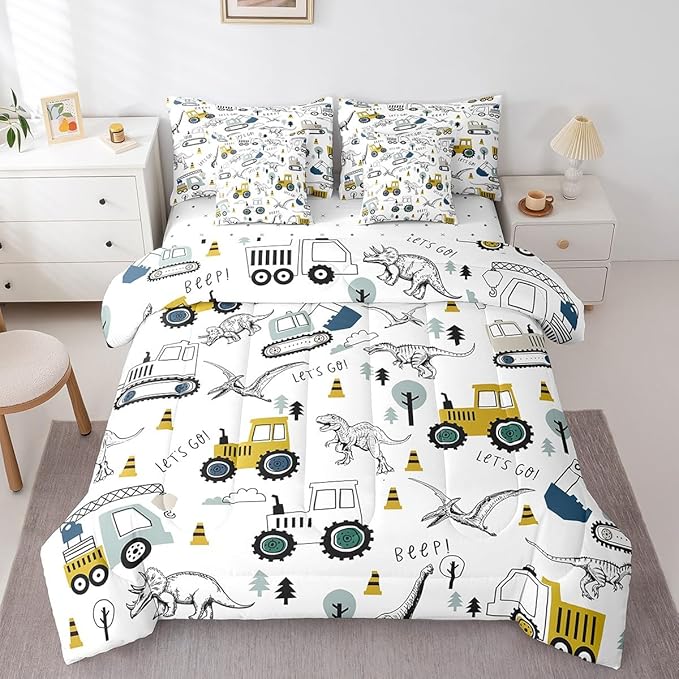 Feelyou Construction Comforter Set with Sheets 7 Piece Twin Size Cartoon Car Excavator Tractor Toddler Bedding Set Equipment Trucks Dinosaur Bed in a Bag Construction Vehicles White Yellow Bed Set