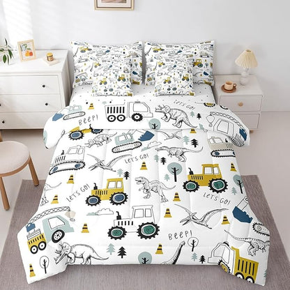 Feelyou Construction Comforter Set with Sheets 7 Piece Queen Size Cartoon Car Excavator Tractor Toddler Bedding Set Equipment Trucks Dinosaur Bed in a Bag Construction Vehicles White Yellow Bed Set