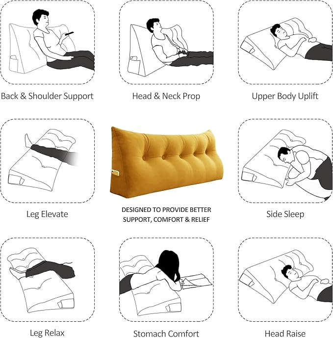 Headboard Wedge Pillow Large Bolster Reading Pillows for Sitting in Bed Adult， Velvet Triangular Cushion Backrest Lumbar Back Support Upholstered Daybed Sit Up Book Pillows（Yellow, Full）