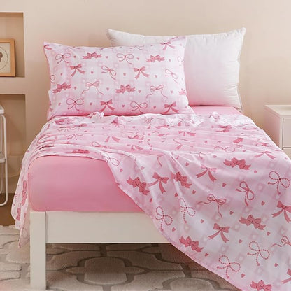 Toddler Comforter Set for Kids, Boys, Girls, 4 Pieces Bed-in-a-Bag Bedding Set, All Season Ultra Soft Sheets Set with Comforter, Pink Bow