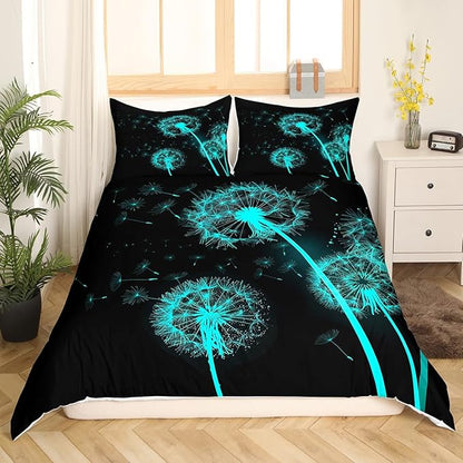 Dandelion Comforter Set Full Size, Green Blue Glowing Botanical Theme Bedding Comforters with 2 Pillowcases, Natural Bohemian Style Microfiber Polyester Quilt Set for Girls Teens Bedroom Decor