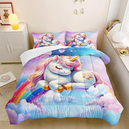 Pink Blue Unicorn Comforter 3pcs Twin Kids Clouds Rainbow Flowers Quilt Boys Girls Bedding Set Cute Printed Fantasy Room Decor Bed Set with 1 Comforter and 2 Pillowcases