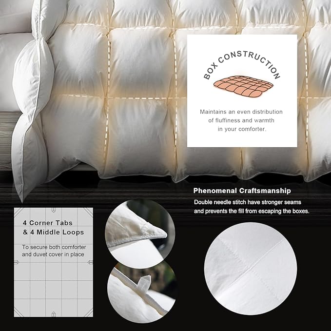 Royoliving Premium Feathers Down Comforter 100% Cotton Cover Duvet Insert with Corner Tabs (White, King All Season)