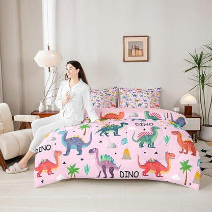 Feelyou Kids Cartoon Dinosaur 7 Piece Bedding Set Pink Colorful Dinosaur Comforter Set with Sheets for Boys Girls Jungle Dino Bed in a Bag Animal Theme Bed Set Soft Lightweight