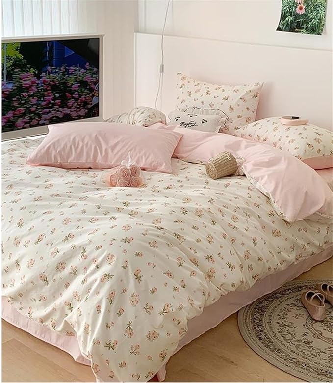 Pink Floral Duvet Cover Full Size Romantic Flower Green Botanical Bedding Set 3Pcs Kids Boys Girls Spring Garden Aesthetic Flowers Soft Breathable Microfiber Comforter Cover with 2 Pillowcases