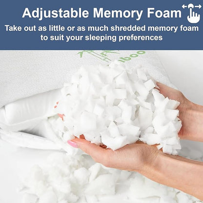 Memory Foam Rayon Bamboo Pillows Queen Size Set of 2 for Sleeping [Adjustable] - Cool & Breathable Cover with Zipper Rayon Bamboo Pillowcase - Relieves Neck Pain - Back/Stomach/Side Sleeper