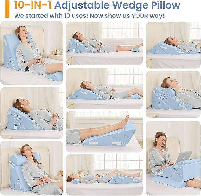 Sasttie Wedge Pillow Set for After Surgery, 3PCS Adjustable Bed Wedge Pillow Headboard with Memory Foam Neck Cushion – for Acid Reflux, Sleeping, Neck & Back Support, Blue