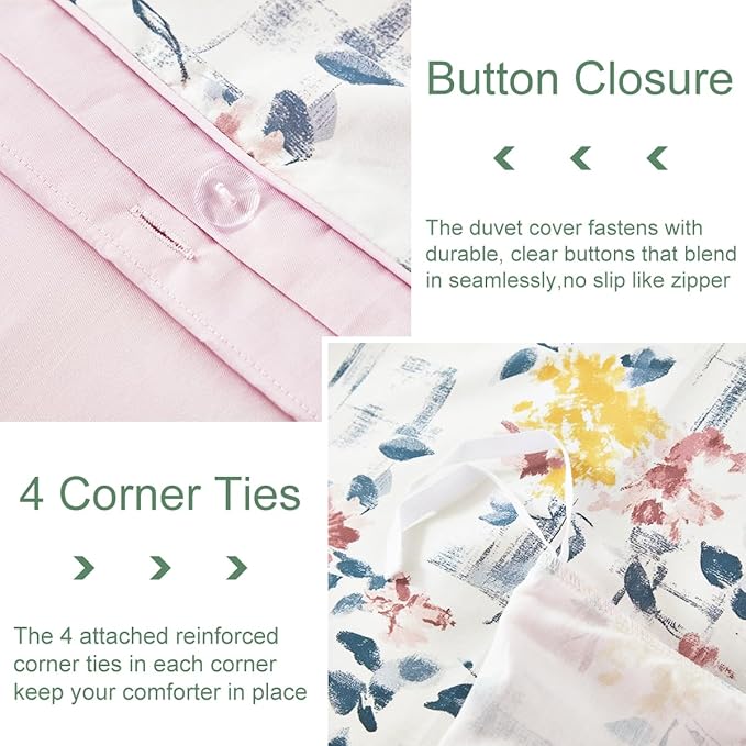 URBONUR Garden Floral Duvet Cover Set 100% Egyptian Cotton Silky Sateen Smooth Breathable Durable Soft Bedding Sets Purple Yellow Flowers Printed on White (3Pcs Twin, 68''x88'')