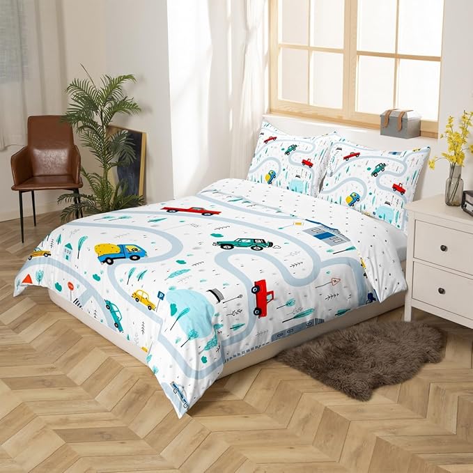 Cartoon Truck Duvet Cover Sets King Size,Boys Road Traffic Themed Comforter Cover Car Vehicle Transport Bedding Set 3pcs for Kids Teens Room Decor,Watercolor Tree White Quilt Cover,2 Pillowcases