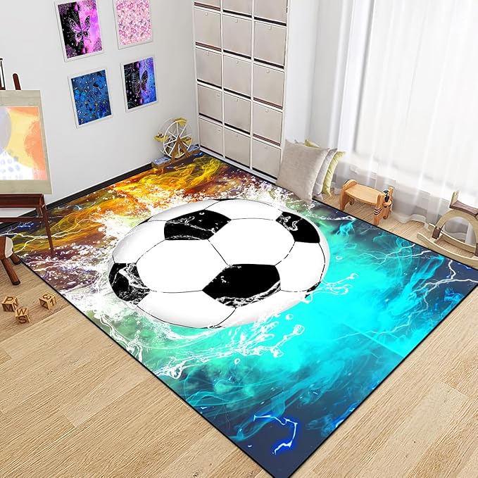 Football & Soccer Rugs for Boys Bedroom 4.5x6 Feet, Sports Rugs for Boys Bedroom Living Room Playroom Sports Carpet for Kids Soccer Room Decor Sofa Floor Mats