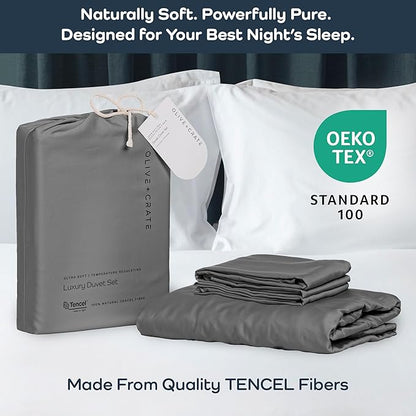 Olive + Crate Tencel Eucalyptus Cooling Duvet Cover Set - Hypoallergenic, Lyocell Tencel Duvet Cover - Soft, Temperature Regulating with Hidden Button Closure & Corner Ties - King Size [Stone Gray]